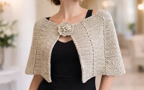 Mujer con un elegante **patrón capa** de ganchillo color beige, adornada con un broche floral.