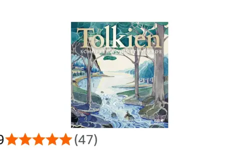 Gemälde mit dem Titel "Tolkien Schöpfer von Mittelerde" zeigt eine Flusslandschaft mit Bäumen und einem Boot.