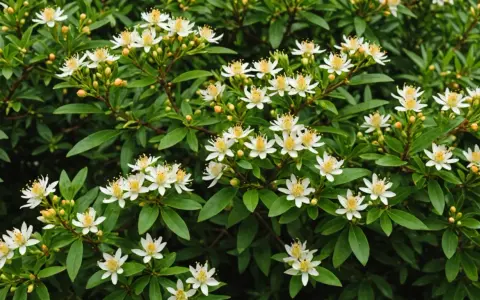 Fleurs blanches délicates sur un feuillage vert dense. Quelle terre pour oranger du Mexique ? Un sol bien drainé et riche.