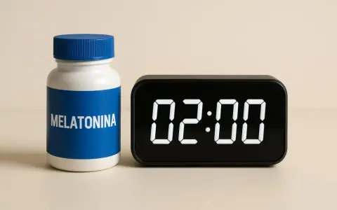 Flacone di melatonina accanto a un orologio digitale che segna le 02:00.