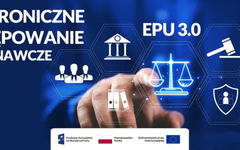 Elektroniczne postępowanie upominawcze (e-sąd) to cyfrowa ścieżka do złożenia pozwu o zapłatę. Grafika przedstawia symbole prawa i sprawiedliwości.