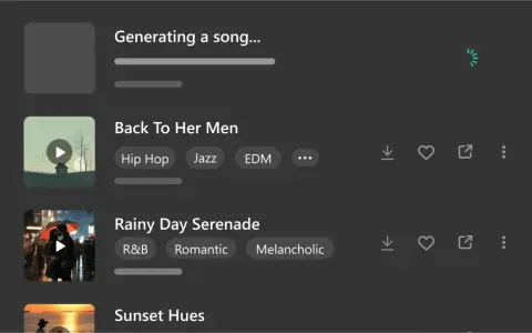 Generowanie piosenek, w tym "Rainy Day Serenade" i "Back To Her Men", idealnych do słuchania, gdy tęsknisz za kimś po angielsku.