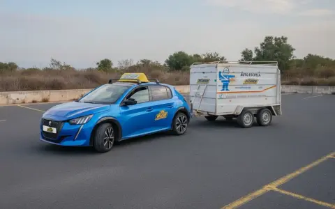 Coche azul de autoescuela con remolque, preparándose para el examen del carnet B96.