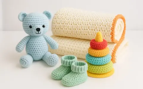 Osito azul de crochet, mantita, patucos y torre de aros de colores. Un set perfecto de crochet bebe.
