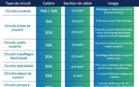 Tableau comparatif des circuits électriques : combien d'interrupteur sur un disjoncteur 10A ? Pour les lumières, 10A/16A.