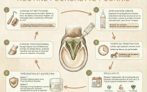Routine pour une fourchette pourrie de cheval au pré : nettoyage, application ciblée, temps de pénétration, régularité, prévention et parage professionnel.