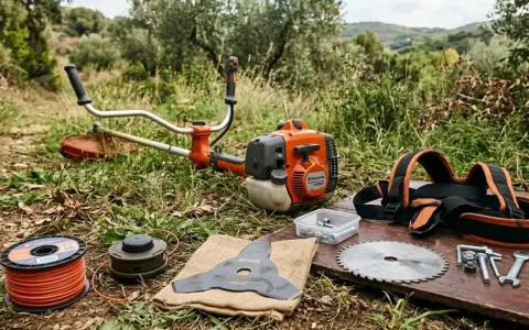Desbrozadora con varios tipos de discos para maleza, hilo y arnés. Herramientas para el jardín.