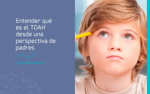 Un niño mira hacia arriba pensativo, con un lápiz cerca de su frente. El texto indica "Entender qué es el TDAH desde una perspectiva de padres", sugiriendo cómo diagnosticar TDAH.