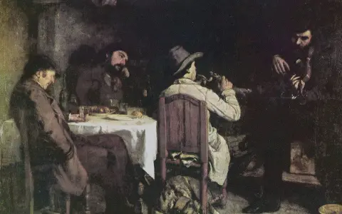 Obras de arte de Gustave Courbet: hombres reunidos en una taberna, uno toca la flauta, otro bebe, un perro duerme.