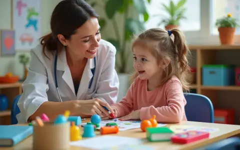 Uśmiechnięta terapeutka pedagogiczna z dzieckiem przy biurku, pełnym kolorowych materiałów do zabawy i nauki.