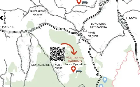 Mapa z zaznaczonymi drogami, miejscowościami (Zakopane, Bukowina Tatrzańska) i alternatywnym parkingiem.