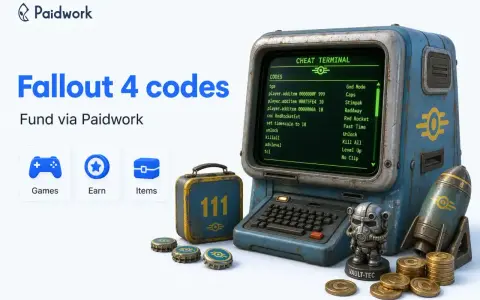 Terminal de Fallout 4 mostrando códigos para "God Mode", "Caps" y más. Ideal para jugadores que buscan trucos.