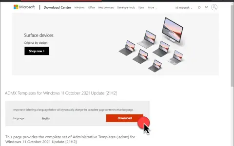 Download-Seite für ADMX Templates für Windows 11. Hier gibt es die administrativen Vorlagen (.admx) für das Oktober 2021 Update.