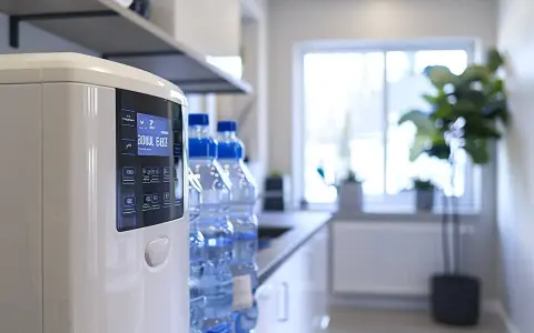 Écran d'un adoucisseur d'eau moderne, prêt pour le dimensionnement. Bouteilles d'eau en arrière-plan.
