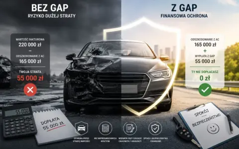 Porównanie ubezpieczenia bez GAP i z GAP. Bez GAP to ryzyko straty 55 000 zł, z GAP to dopłata 0 zł.