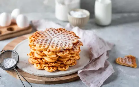 Ein Stapel Herz-Waffeln, bestäubt mit Puderzucker, bereit zum Genießen. Perfekt für ein Frühstück oder Dessert, einfach im Thermomix zubereitet.