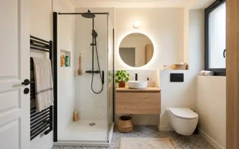 Salle de bain moderne avec douche à l'italienne aux dimensions parfaites, meuble vasque en bois, miroir rond lumineux et WC suspendu.