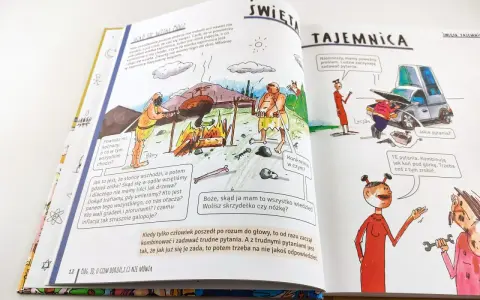 Ilustracja z książki dla dzieci, która pyta, czy bóg istnieje. Widać pierwotnych ludzi zastanawiających się nad światem i współczesnych ludzi naprawiających samochód.