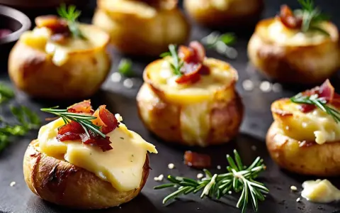 Mini pommes de terre farcies au fromage fondant, garnies de lardons croustillants et de romarin. Parfaites pour des recettes de mini cocottes entrées.
