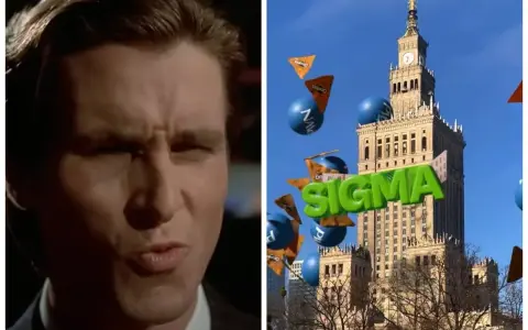 Patrick Bateman z "American Psycho" i Pałac Kultury w Warszawie, nad którym unosi się napis "SIGMA" i przekąski.
