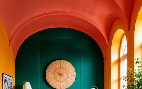 Fotos de paredes y techos pintados en tonos vibrantes: naranja, verde esmeralda y coral. Un reloj de madera decora la pared.