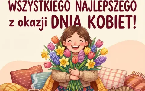 Wszystkiego najlepszego z okazji Dnia Kobiet! Uśmiechnięta dziewczyna z bukietem kwiatów, kotek i kubek kawy.