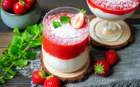 Zwei leckere eistörtchen mit Erdbeeren und Kokosraspeln, garniert mit Minze und frischen Erdbeeren.