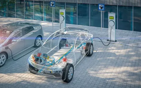 Esquema de coche eléctrico en carga, mostrando su interior y la batería, un paso clave para el reciclaje de baterías.