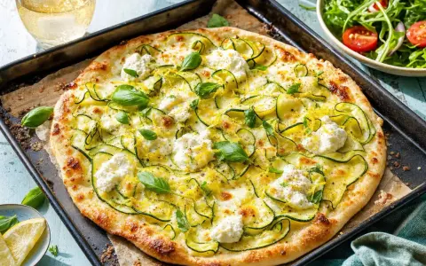 Délicieuse pizza courgette, ricotta et basilic, garnie de zeste de citron, sur une plaque de cuisson.