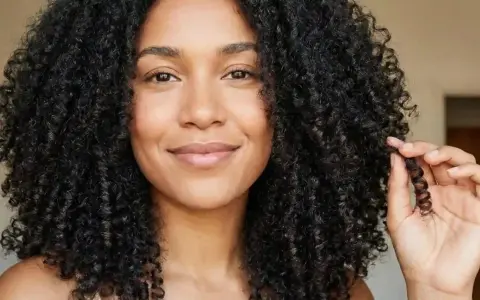 Une femme aux cheveux bouclés et brillants, elle joue avec une mèche formant un joli noeud boucle.