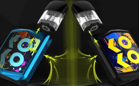 Dos dispositivos koko vape, uno azul y otro negro, con cartuchos listos para ser insertados. Flechas amarillas indican la conexión.