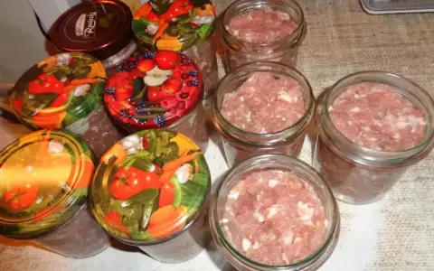 Słoiki z mielonym mięsem, gotowe do pasteryzacji. To pierwszy krok, jak zrobić kiełbasa w słoiku z galaretką. Kolorowe nakrętki z warzywami i owocami.