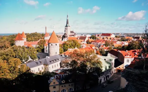 Widok na zabytkowe wieże i czerwone dachy Starego Miasta w Tallinnie. Idealne miejsce, by odkryć, co w Tallinnie warto zobaczyć.