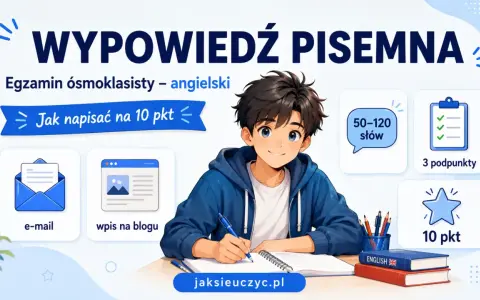 Chłopiec uczy się pisać na 10 pkt z egzaminu ósmoklasisty z angielskiego. Poznaj formaty: e-mail, wpis na blogu, 50-120 słów, 3 podpunkty.