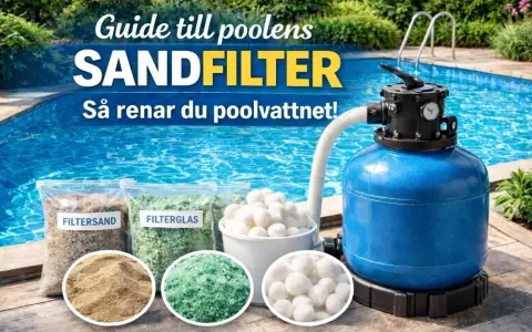 En blå sandfilterpump står bredvid en pool. Framför syns påsar med filtersand, filterglas och filterbollar.