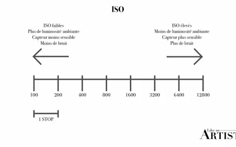 Schéma expliquant l'ISO : faibles ISO pour plus de lumière et moins de bruit, élevés ISO pour moins de lumière et plus de bruit.