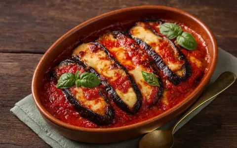 Ein köstlicher Auberginenauflauf mit geschmolzenem Mozzarella und Tomatensauce, garniert mit frischem Basilikum.