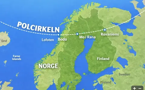 Karta över norra Europa som visar hur polcirkeln flyttar sig över Norge och Finland, med städer som Bodö och Rovaniemi markerade.