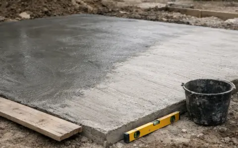 Świeżo wylany beton na placu budowy. Poziomica i wiadro obok. Czas wiązania betonu B25 zależy od warunków.