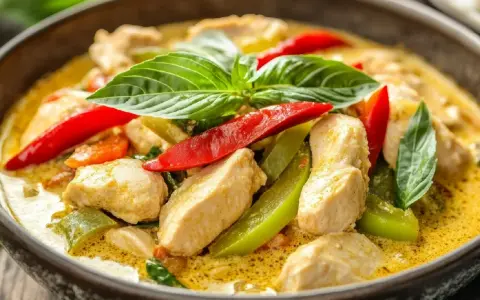 Aromatyczny curry z kurczakiem, z papryczkami chili i bazylią, w misce. Idealne danie, gdy masz ochotę na coś innego niż stir-fry z wołowiną.