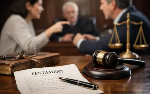 Sąd rozpatruje ostatnią wolę zmarłego. Na stole dokument testamentu, młotek sędziowski, waga sprawiedliwości i okulary.
