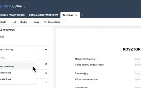 Wybieranie szablonu "Kosztorys ofertowy" do eksportu kosztorysu inwestorskiego.