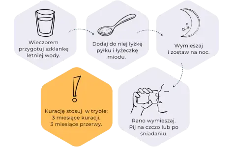Jak stosować pyłek kwiatowy: wieczorem przygotuj wodę, dodaj pyłek i miód, wymieszaj, zostaw na noc. Rano wypij. Stosuj 3 miesiące kuracji, 3 miesiące przerwy.