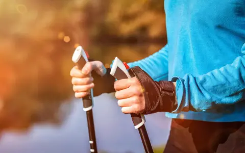 Radość z aktywnego życia po przeszczepie nerki. Dłonie trzymające kije do nordic walking na tle jesiennego krajobrazu.