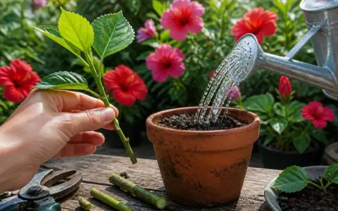 Une main tient une bouture d'hibiscus, prête à être plantée. Un arrosoir verse de l'eau sur la terre dans un pot.