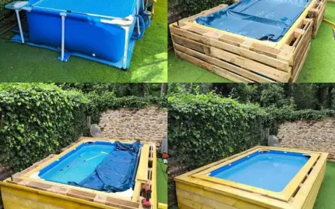 Proceso de forrar piscina desmontable con madera. Se muestra la piscina inicial, la estructura de palets, y el acabado final con madera.
