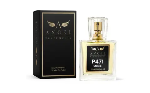 Elegancki perfum 30 ml marki Angel, P471 Unisex, w szklanym flakonie z atomizerem i czarnym, złotym pudełkiem.