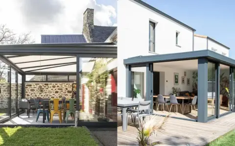 Deux styles de vérandas modernes, idéales pour construire une véranda soi même. L'une avec mur en pierre, l'autre sur terrasse en bois.