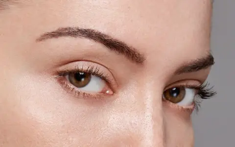 Gros plan sur des yeux marron, avec un sourcil naturel et légèrement désépaissi.