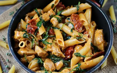 Makaron penne z kurczakiem, szpinakiem i suszonymi pomidorami w sosie.